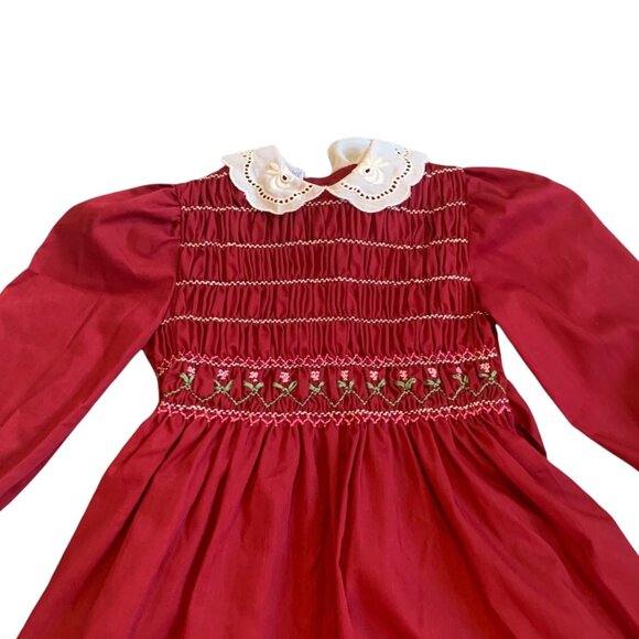 Vintage Polly Flinders Hand Smocked Floral Eyelet Peter Pan Collar Dress 5 - Picture 4 of 8